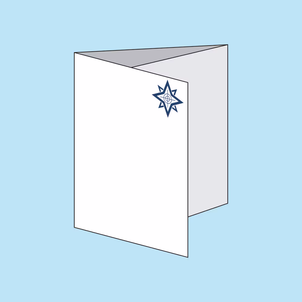 Opened white folder with a blue star-shaped logo on the front, set against a light blue background.