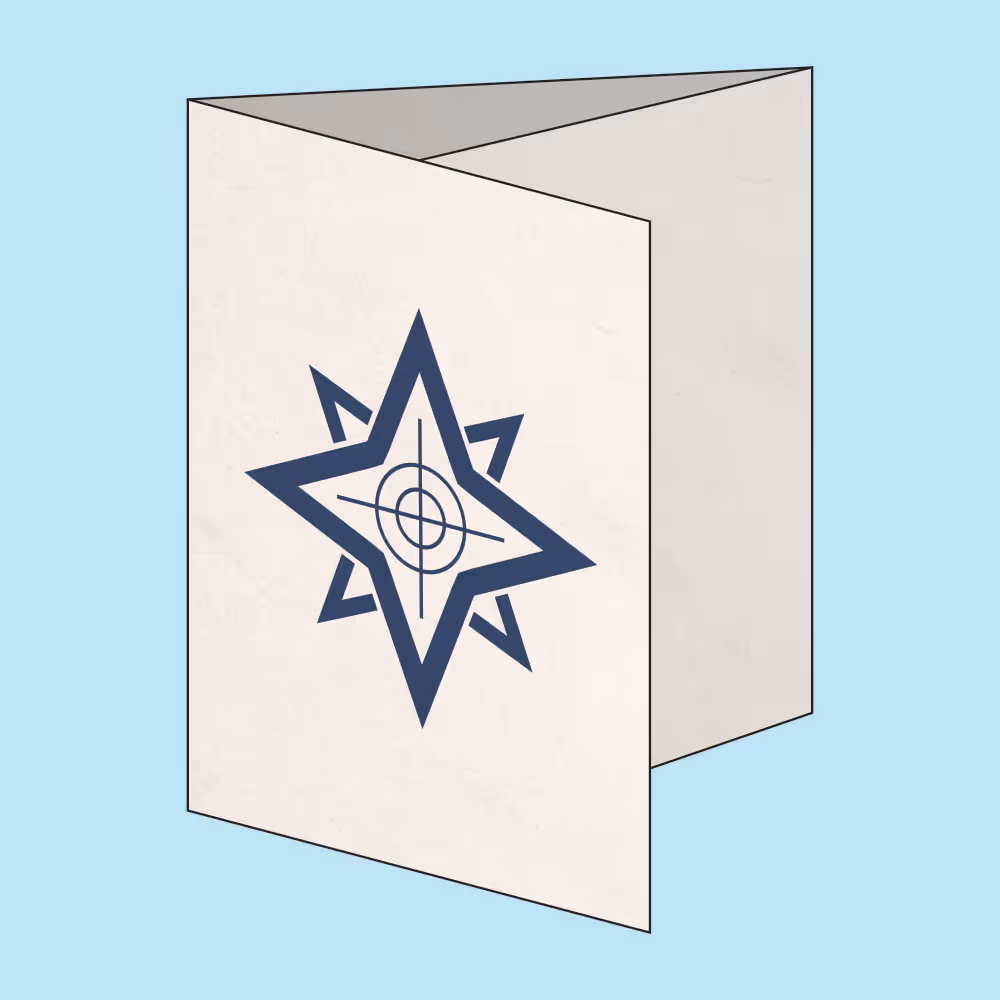 Open beige folder with a dark blue abstract star and circle design on the front.