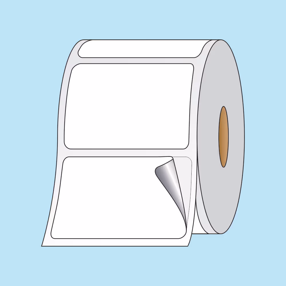 Roll of blank rectangular adhesive labels with one label corner peeled back on a light blue background.