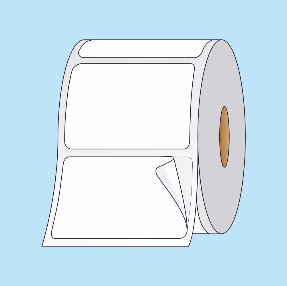 Roll of white adhesive labels with two stickers visible, one partially peeled off.