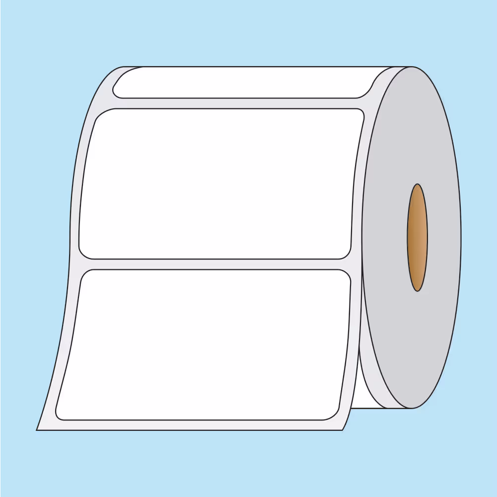 Roll of blank white rectangular adhesive labels on a light blue background.