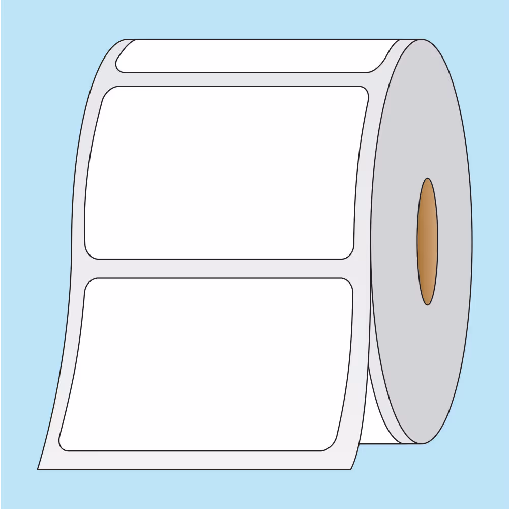 Roll of adhesive labels with blank white rectangular stickers on a light blue background.