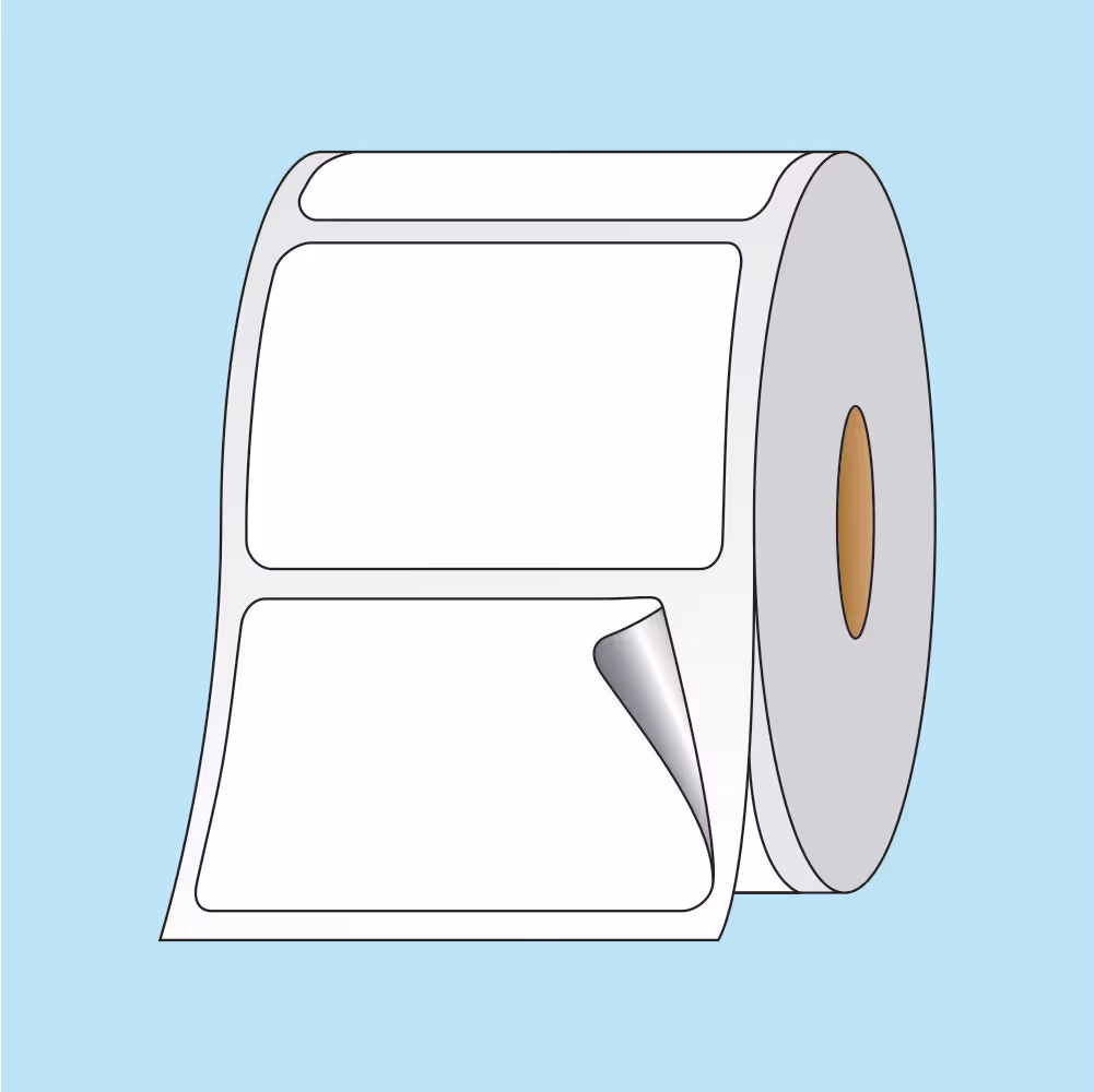Roll of rectangular white adhesive labels with one label partially peeled off.
