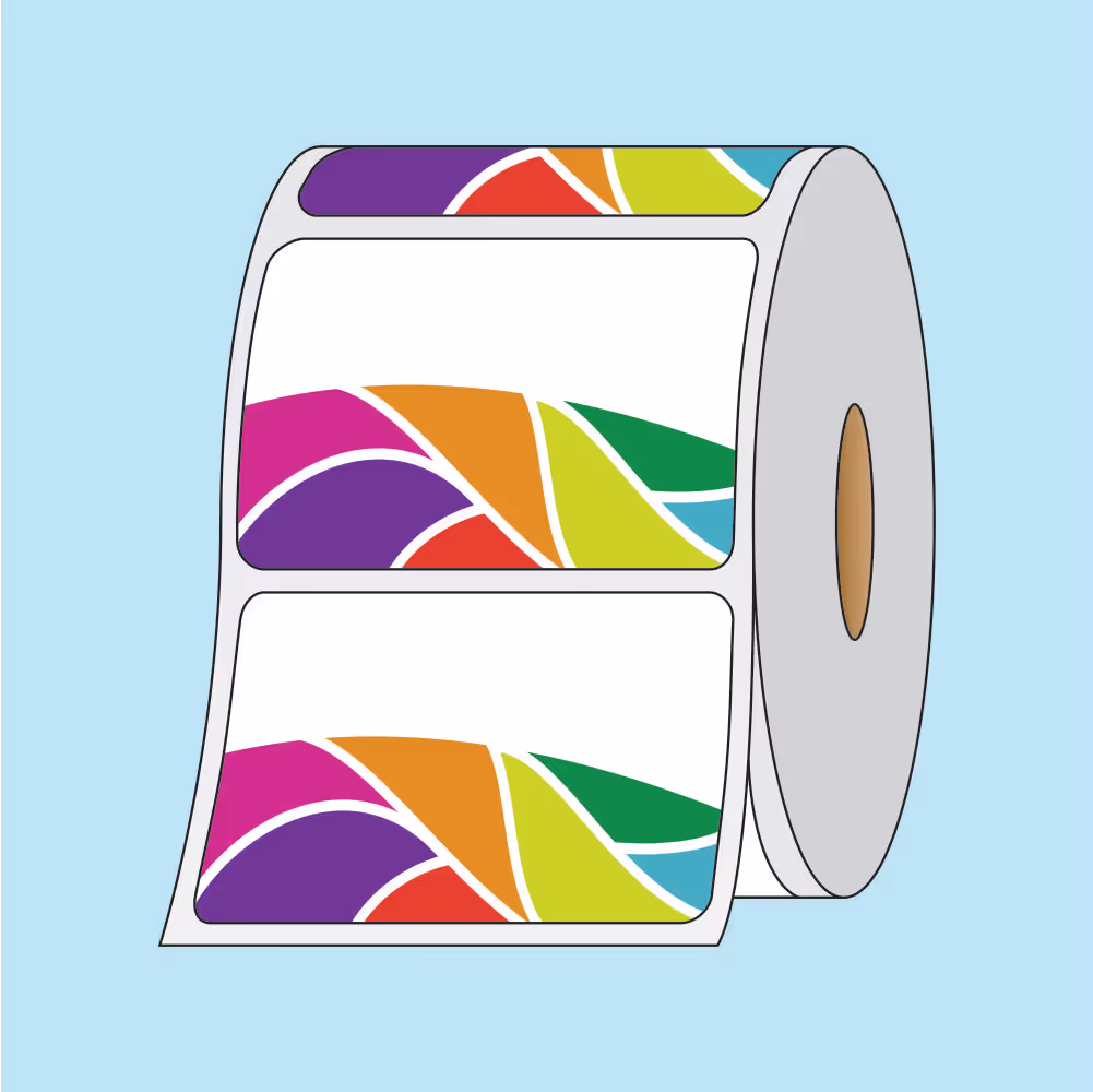 Roll of rectangular adhesive labels with colorful abstract wave patterns on a light blue background.