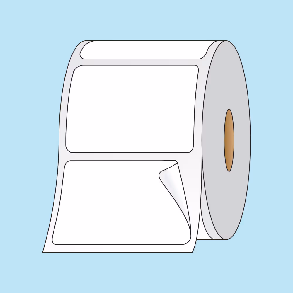 Roll of white rectangular adhesive sterilization labels, one partially peeled off.