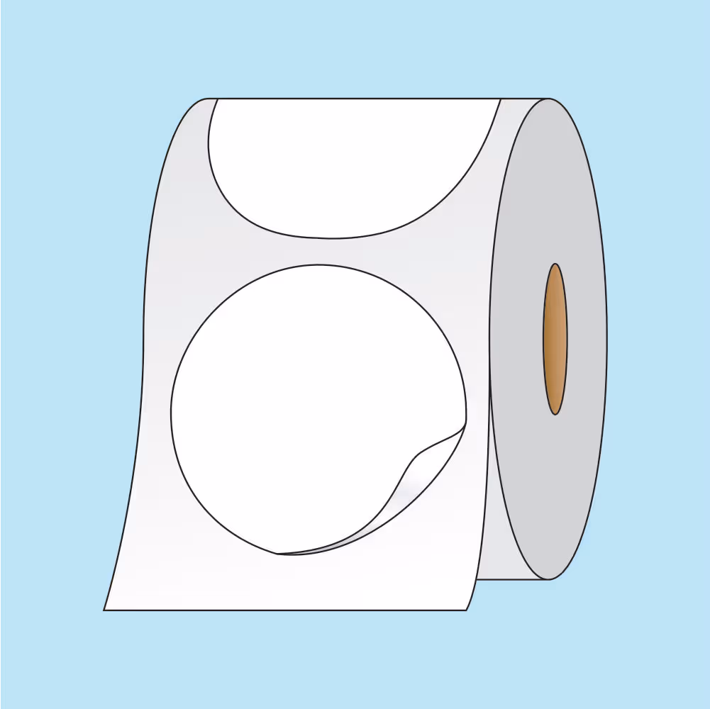 Roll of white circular adhesive labels with one label partially peeled off on a light blue background.