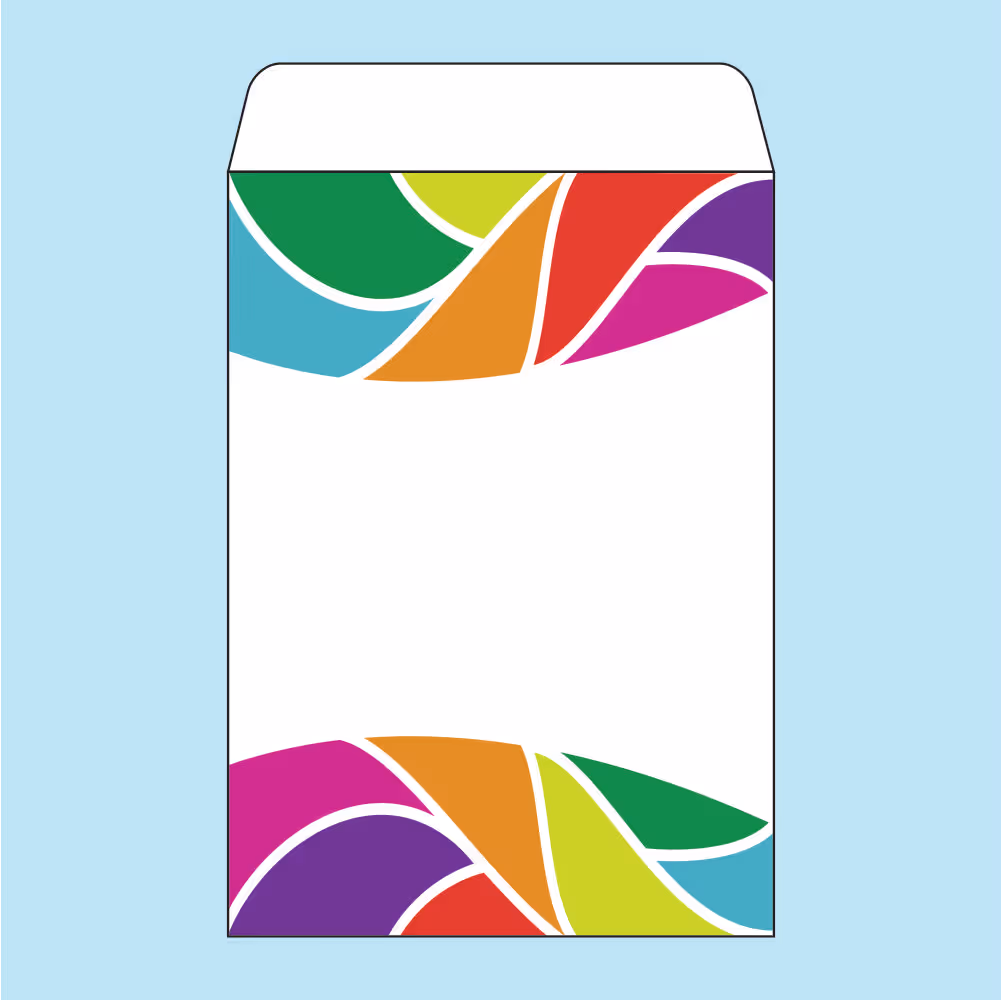 White envelope with colorful abstract curved shapes in green, yellow, orange, red, purple, pink, and blue on top and bottom edges.