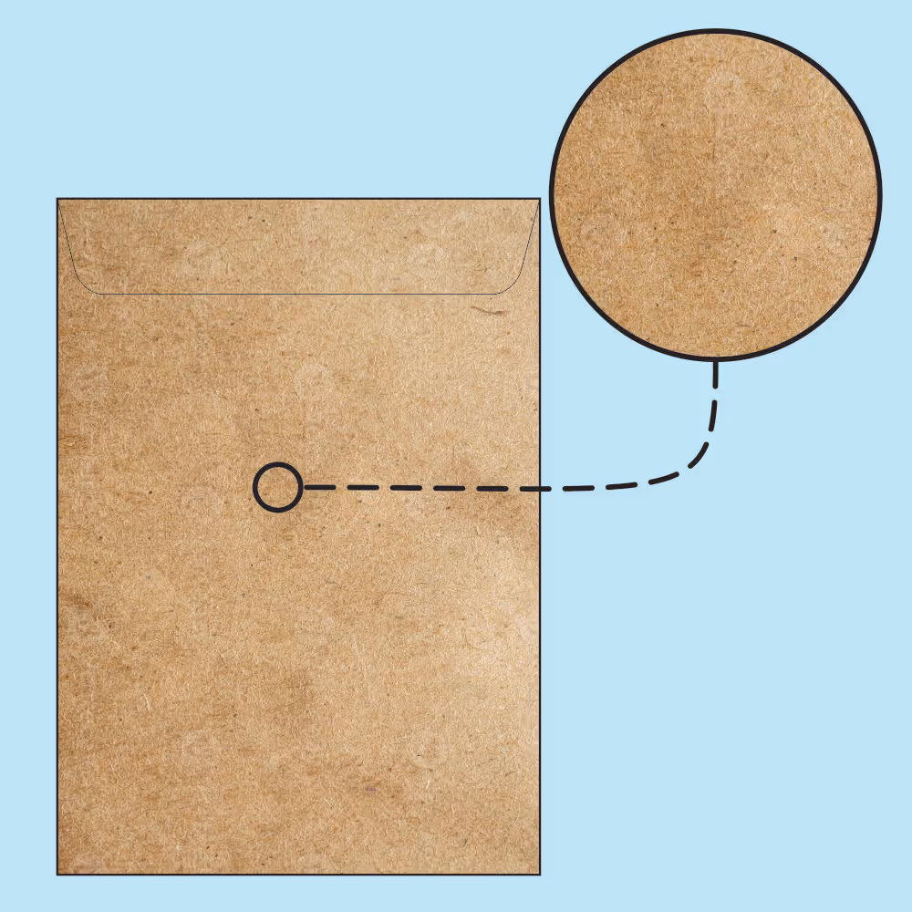Natural kraft paper envelope with close-up circle showing textured surface on light blue background.