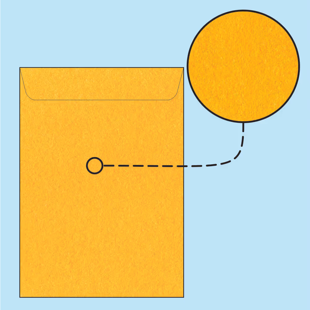 Close-up of a gold-colored textured envelope with a magnified circular inset showing the detailed surface texture against a light blue background.