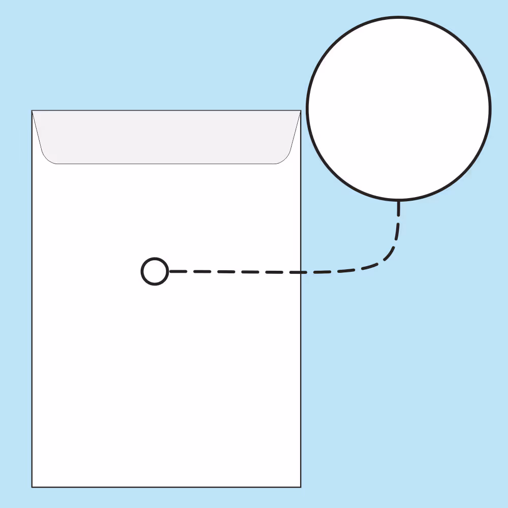 White envelope with a circular clasp connected by a dashed line to an empty speech bubble on a light blue background.