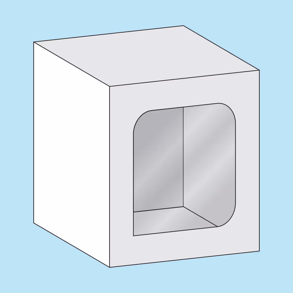 White cubic display box with a transparent rounded window on the front side.