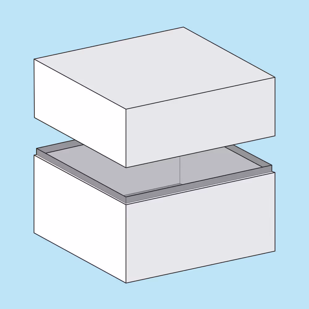 Graphic of a white rectangular box with its lid floating above the base against a light blue background.