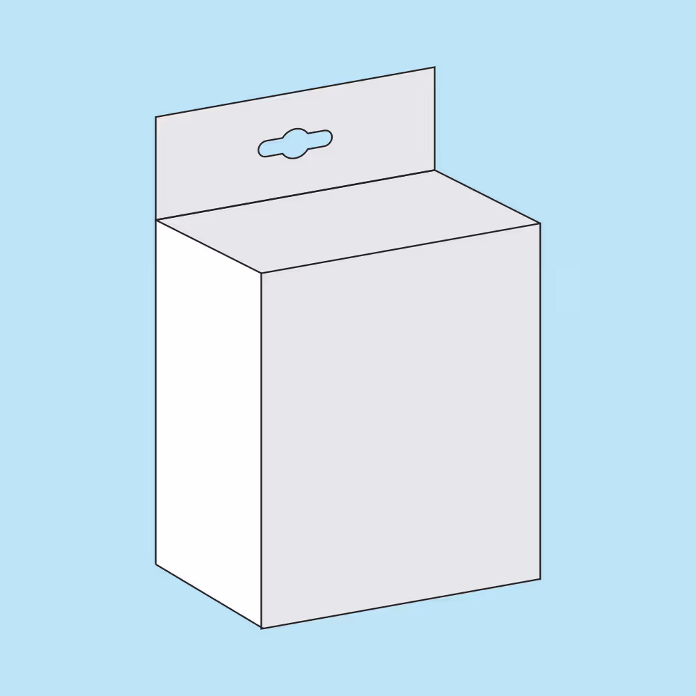 Illustration of a gray and white rectangular product box with a hanging tab on a light blue background.