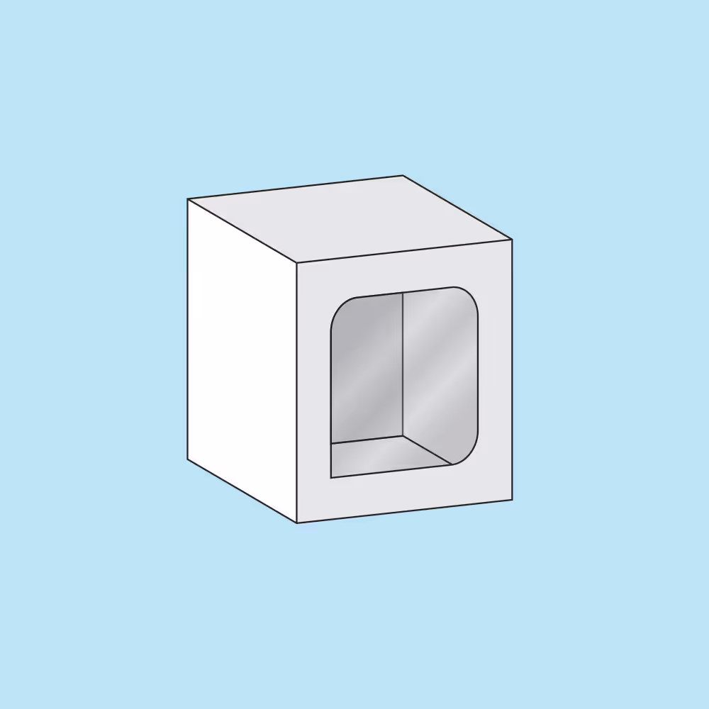 3D illustration of a white rectangular box with a transparent window on the front and a light blue background.
