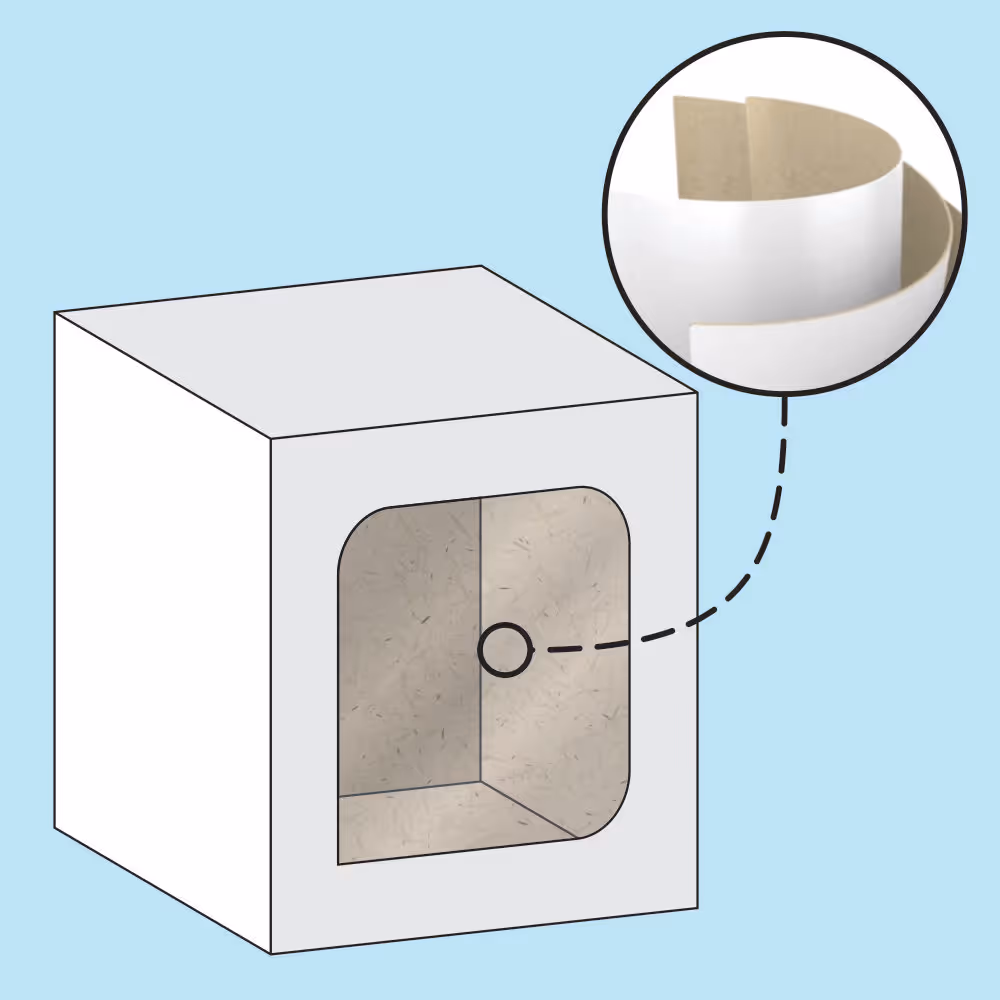 Illustration of a cardboard box with a focus on its inner white laminated layer.