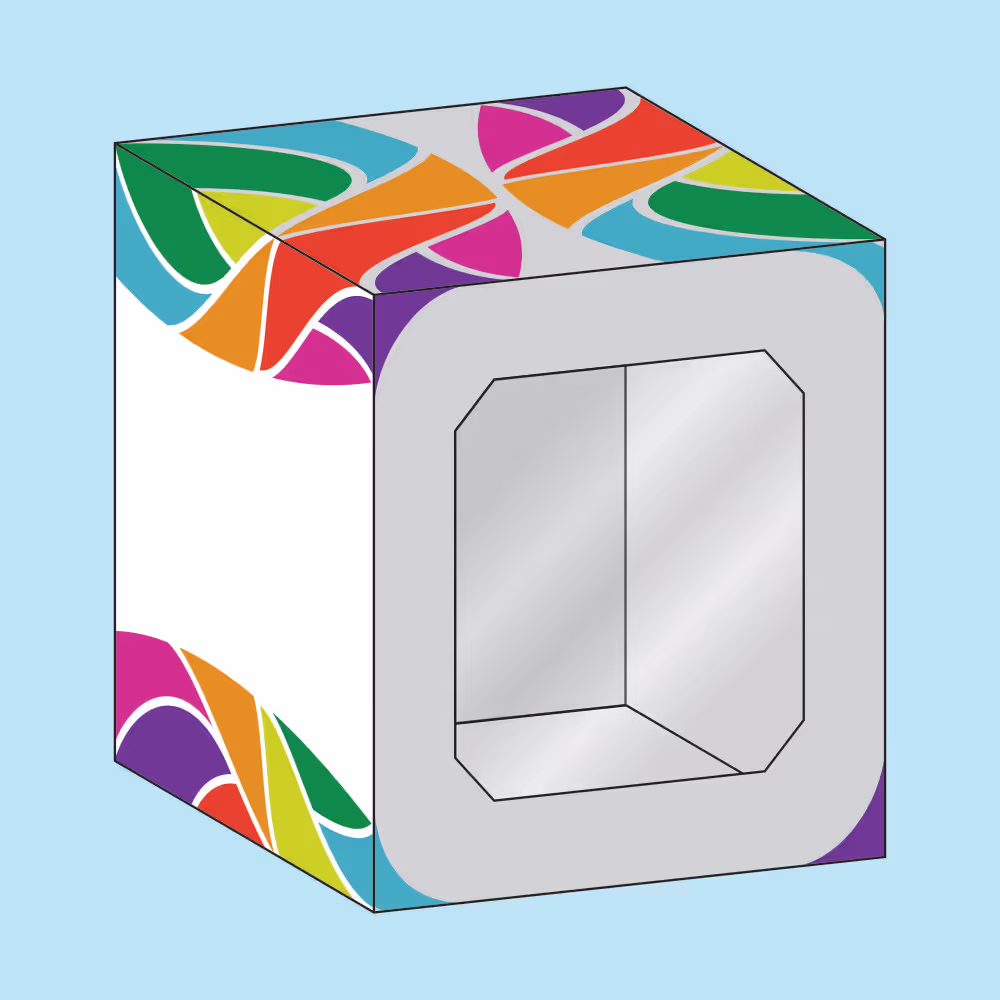 Colorful cube packaging design with a large gray cutout window on the front and multicolored abstract patterns on the edges.