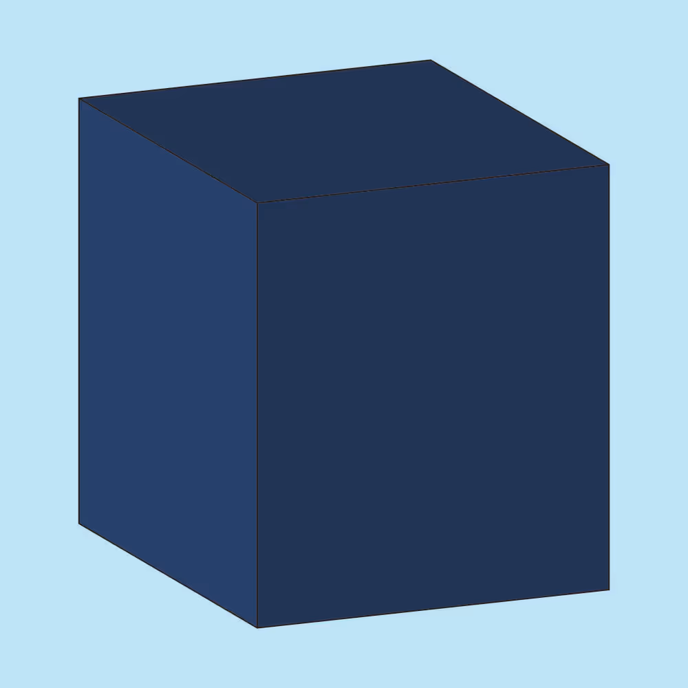 Dark blue 3D cube on a light blue background.