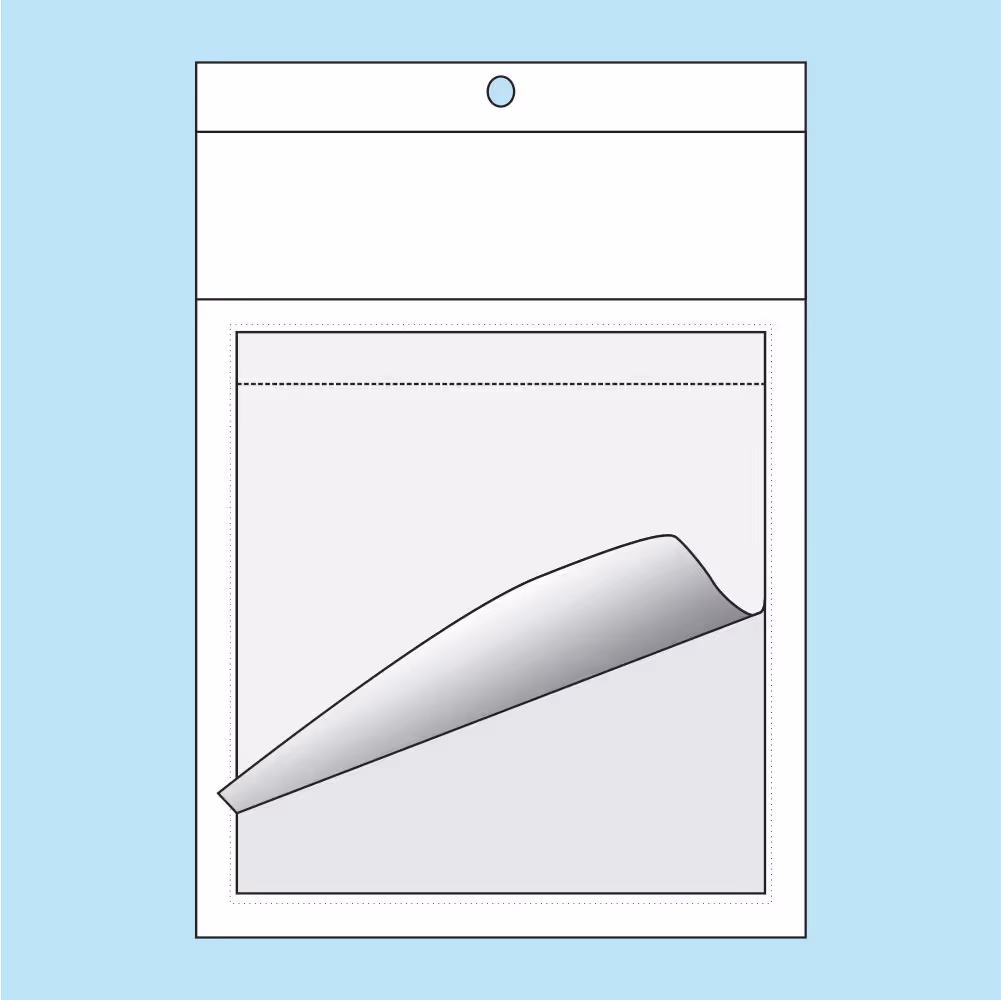 Illustration of a sealed hanging plastic bag with a peel-back corner on a light blue background.