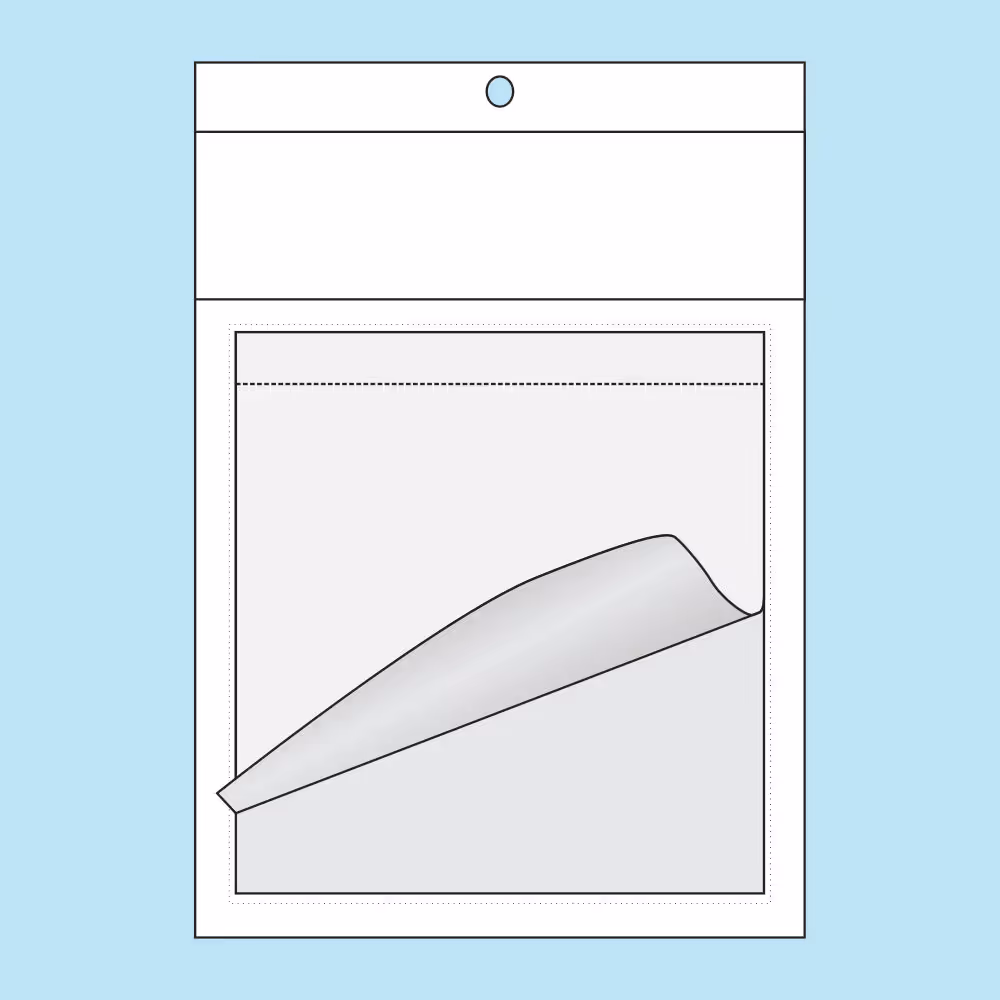Clear resealable plastic bag with a partially peeled transparent adhesive sheet inside, set against a light blue background.