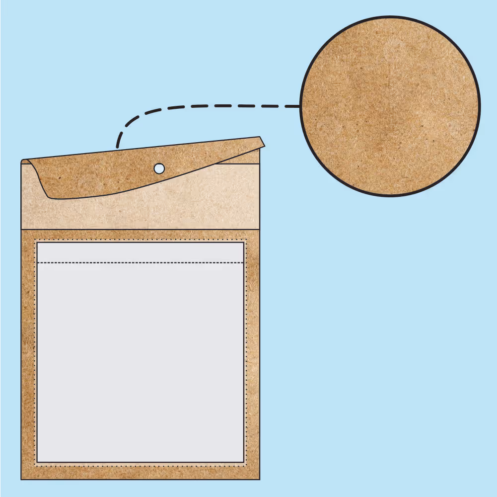 Illustration of a brown kraft paper envelope with a triangular flap and a round hole, with a close-up circle showing the texture of the kraft paper.