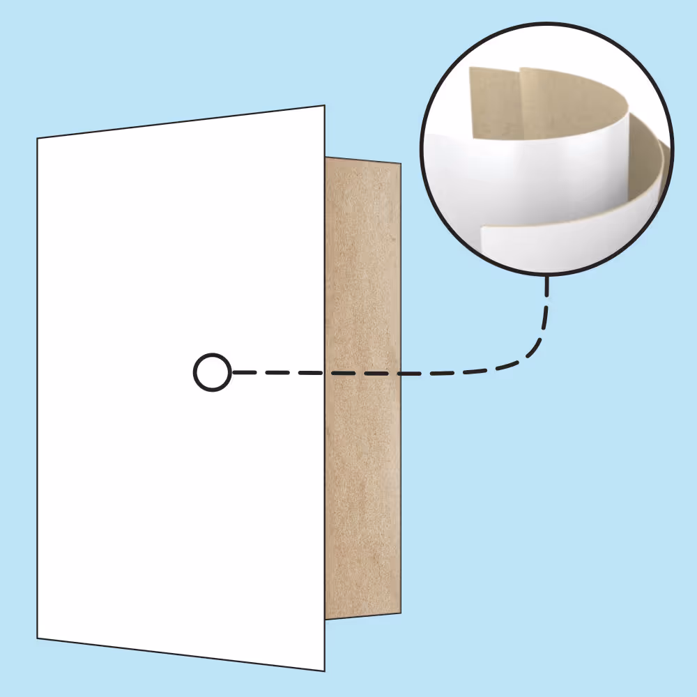 Diagram showing a white folder with a close-up inset detail of the folded inner flap inside.