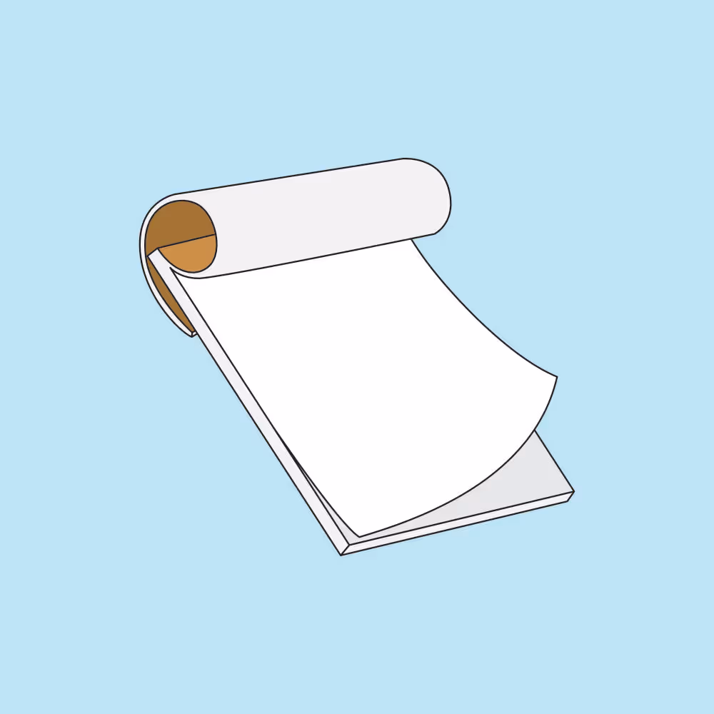 A simple illustration of a blank, white notepad with a curled top page on a light blue background.