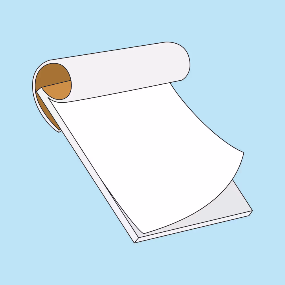 Open notepad with blank white pages on light blue background.