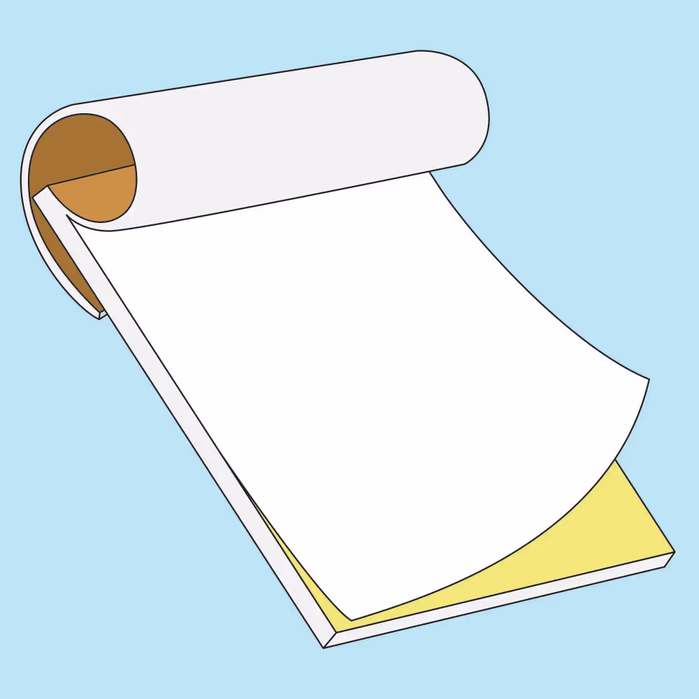Illustration of a small notepad with a curled white top page and a yellow sheet underneath on a light blue background.