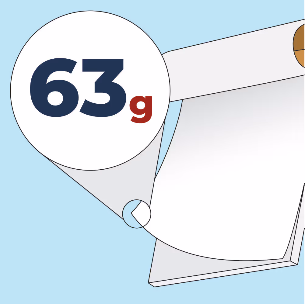 Paper sheet with a magnified circle showing the weight of 63 grams.