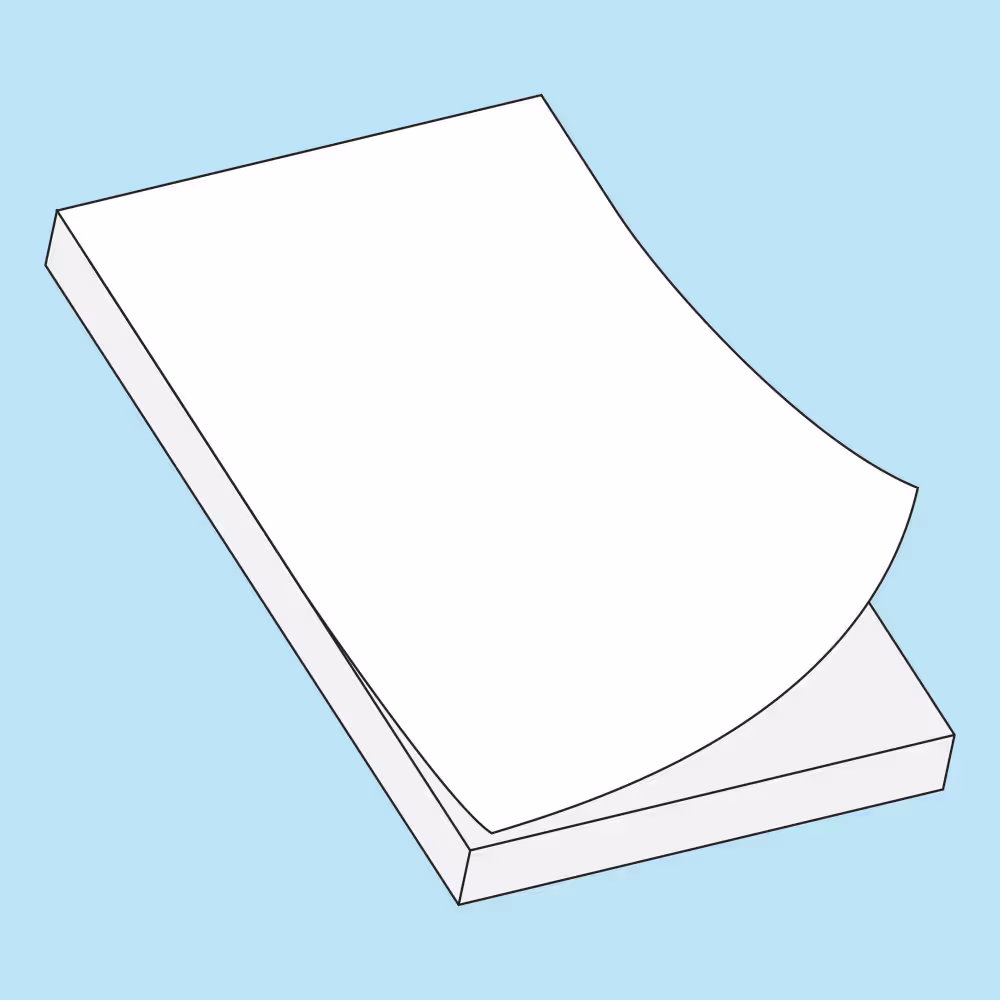 Stack of blank white paper sheets with one sheet slightly curled on top against a light blue background.