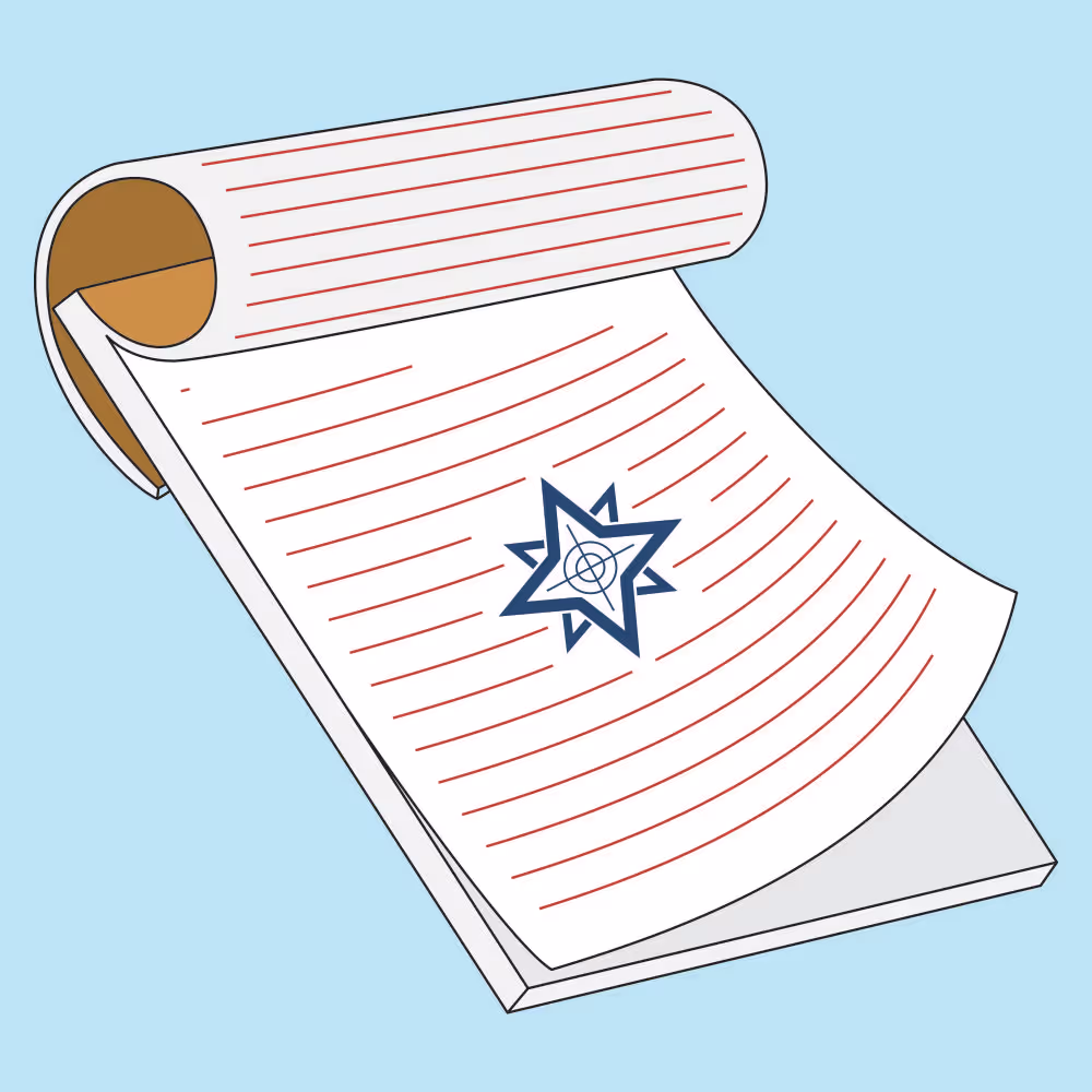 Illustration of a notepad with red lines and a blue star emblem in the center on a light blue background.
