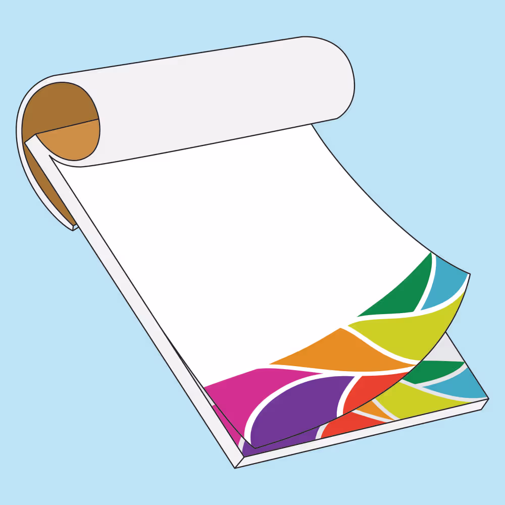 Illustration of a vertical flip chart pad with colorful abstract pattern on the corner of the pages.