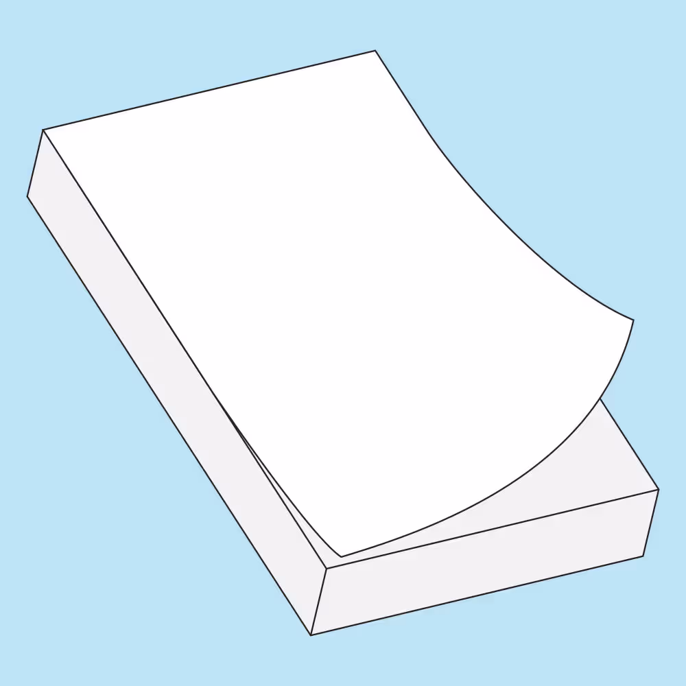Illustration of a white pad of paper with one sheet partially lifted on a light blue background.