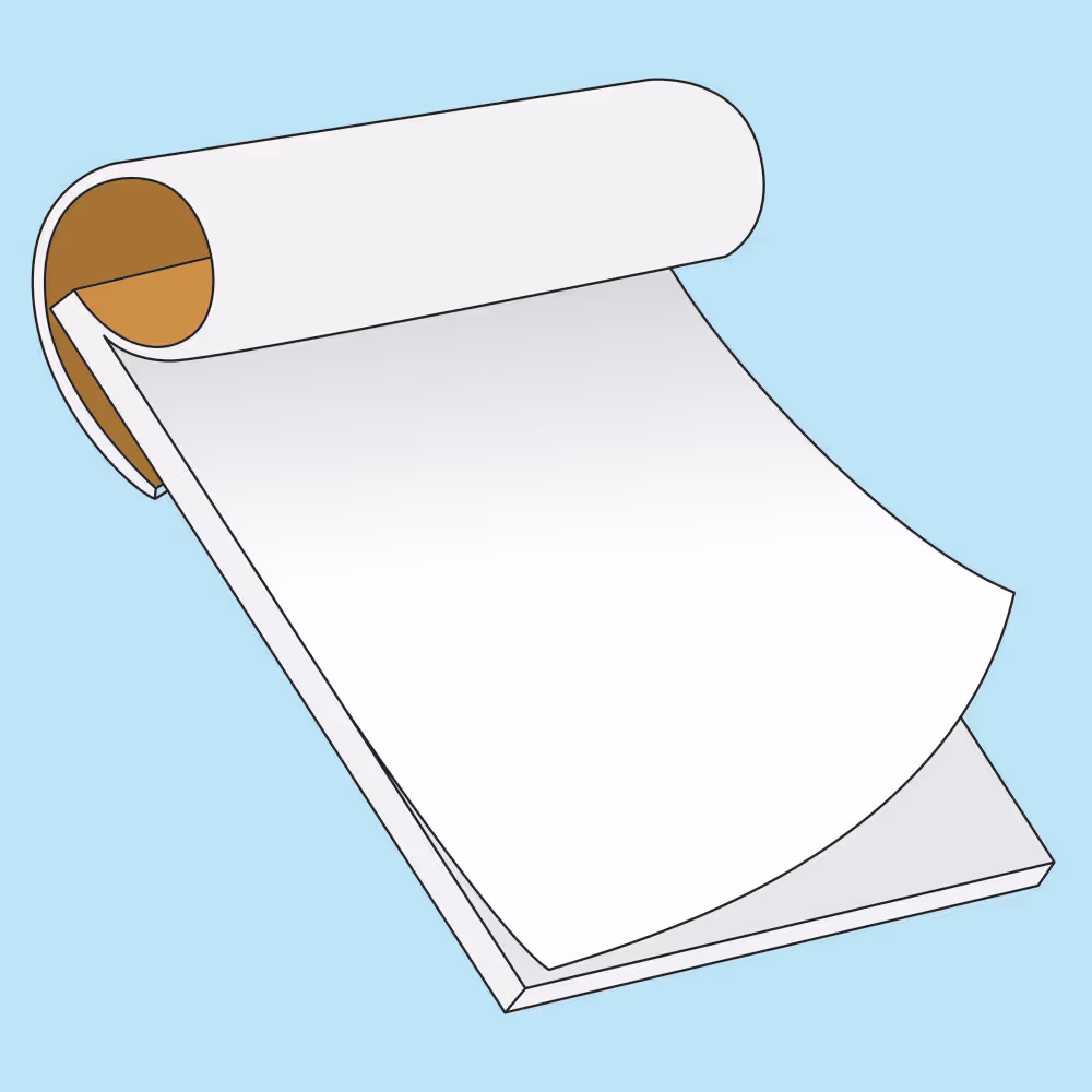 Illustration of a white notepad with a curled top page on a light blue background.