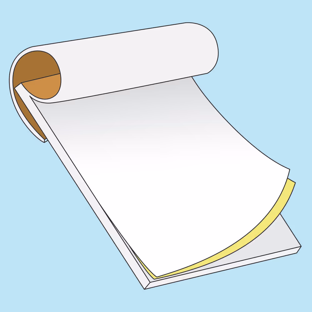 Illustration of a top-bound notepad with blank white pages and a yellow backing sheet, on a light blue background.