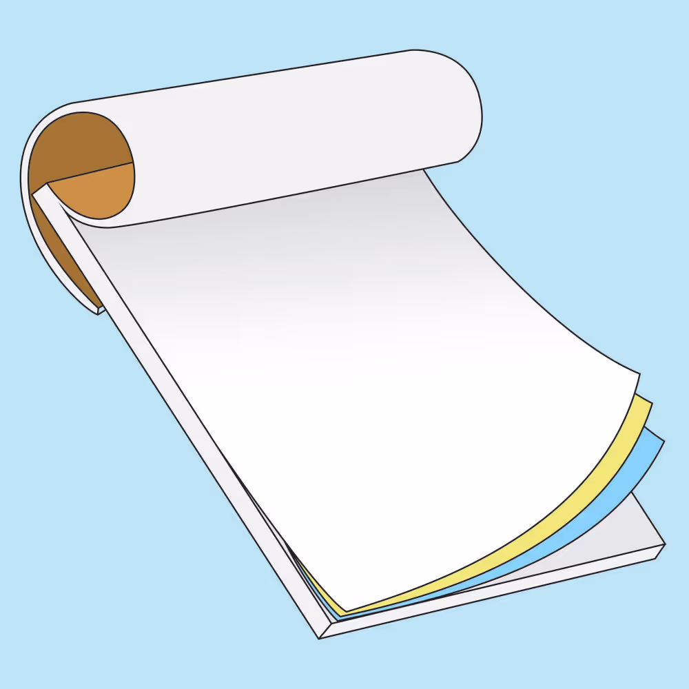Stack of blank papers with white, yellow, and blue sheets on a light blue background.
