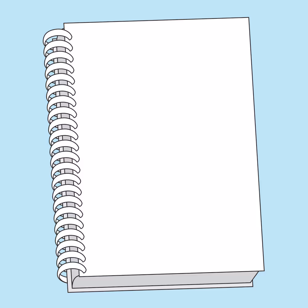 Closed blank white spiral notebook with a light blue background.