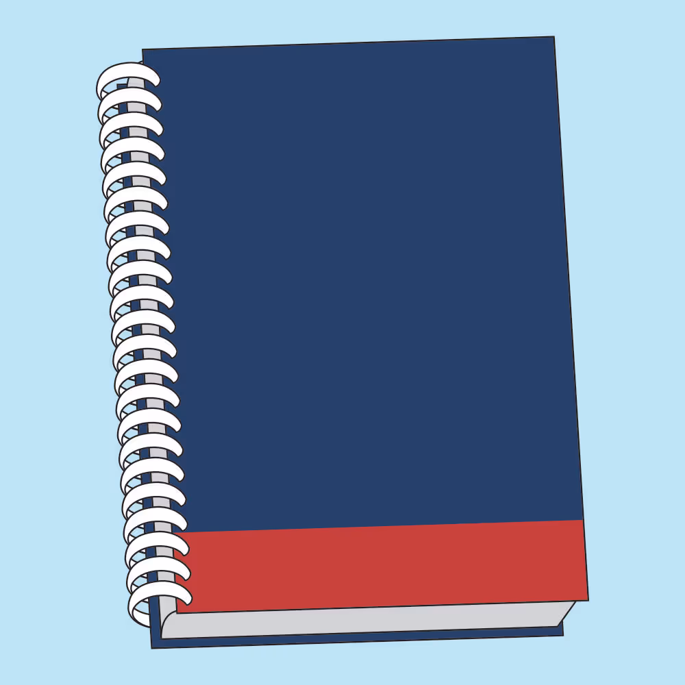 Closed spiral-bound notebook with a dark blue cover and a red stripe at the bottom against a light blue background.