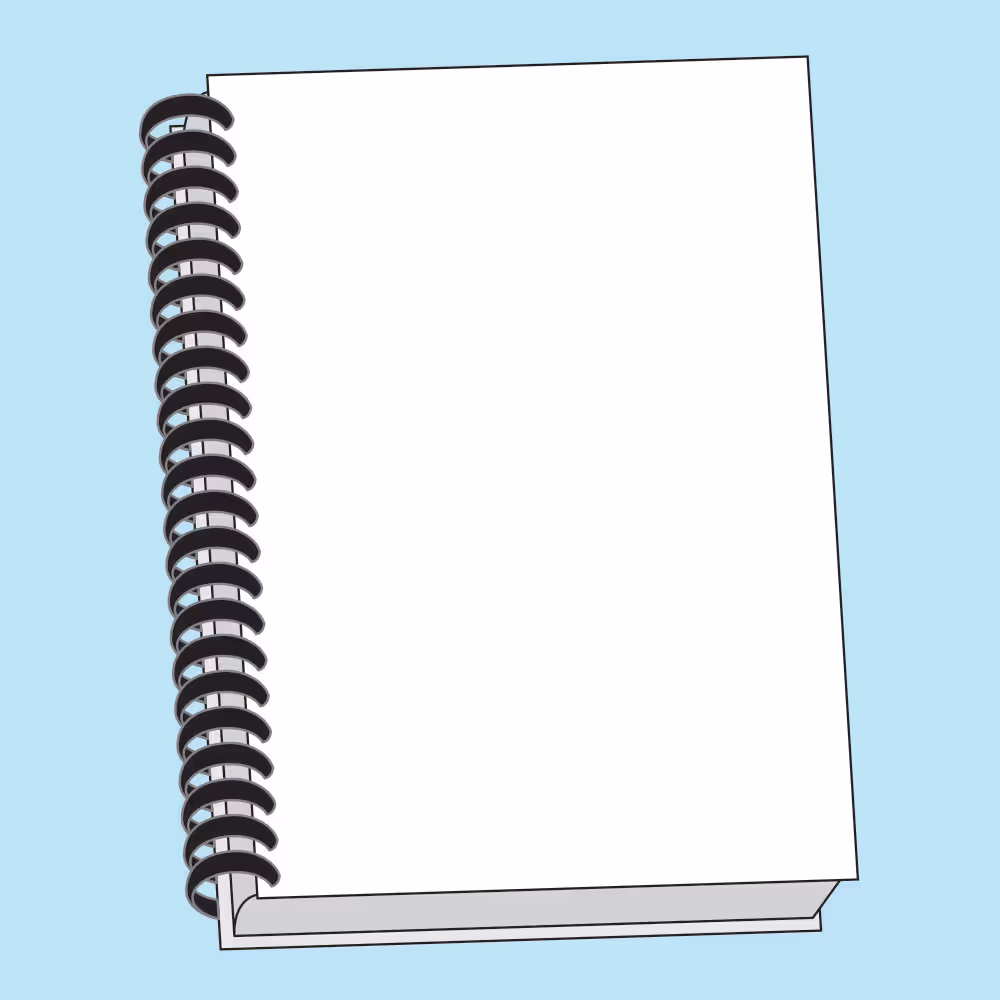 Spiral-bound notebook with blank white pages on a light blue background.