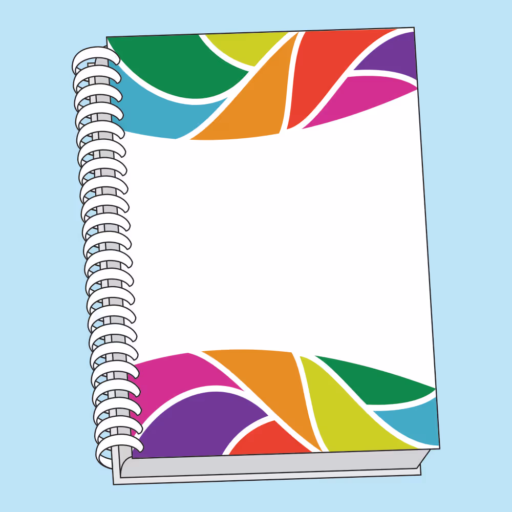 Spiral-bound notebook with white cover featuring colorful curved shapes in green, yellow, orange, red, purple, and blue at the top and bottom edges.