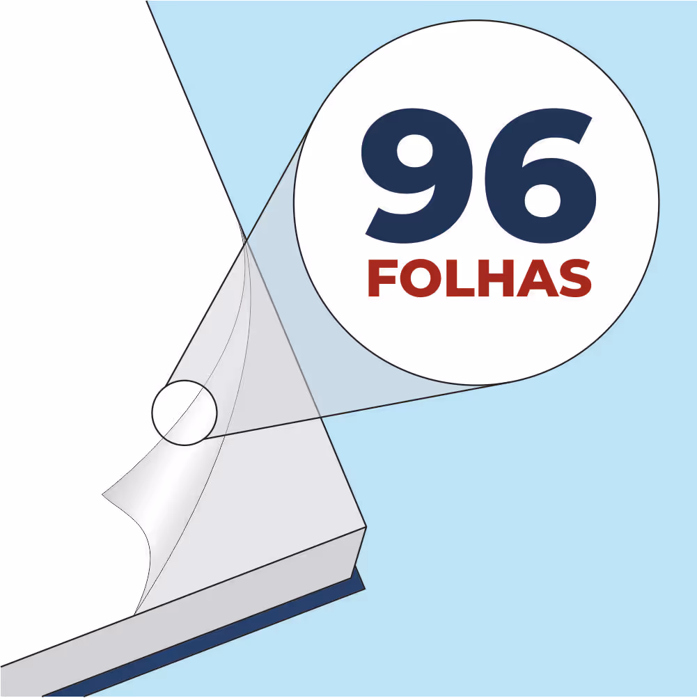 Illustration of a notebook with a page being turned and a magnified circle showing the text '96 FOLHAS'.