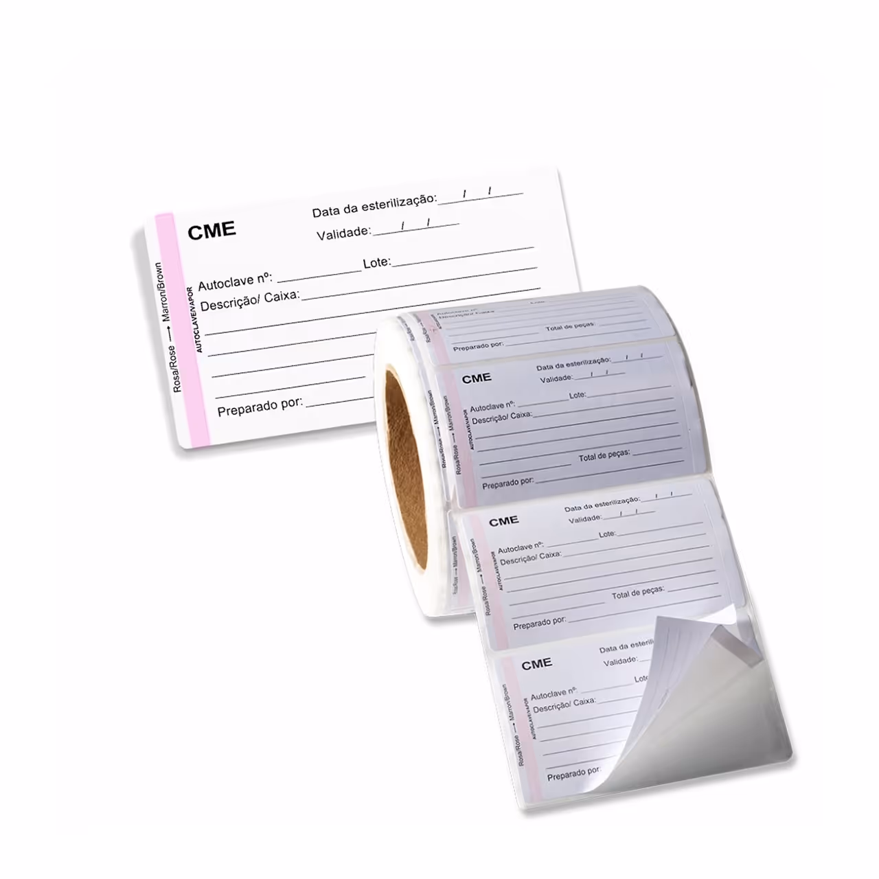 Roll of blank white rectangular adhesive labels on a white background.