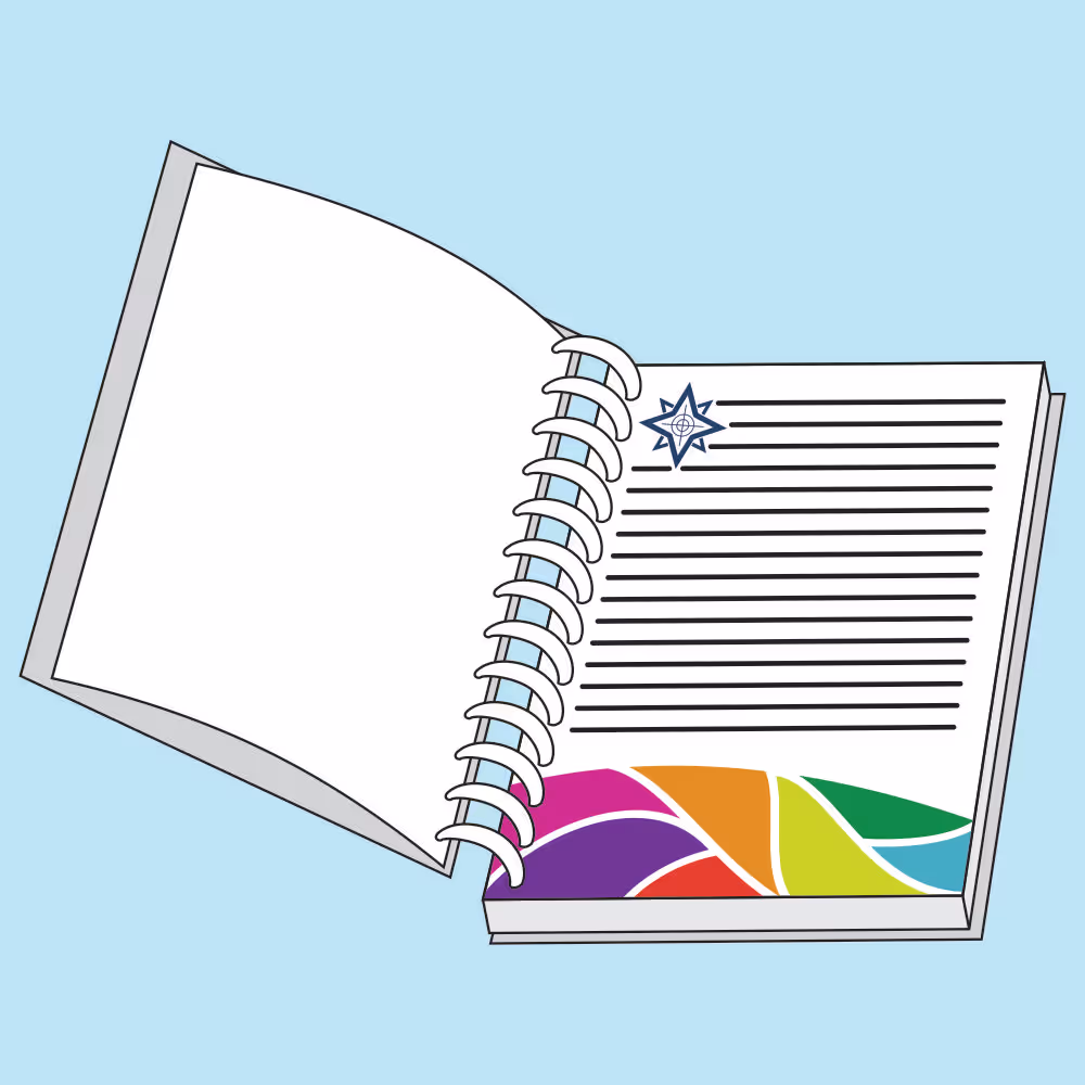 Spiral notebook with colorful abstract patterns on the top and bottom edges against a light blue background.