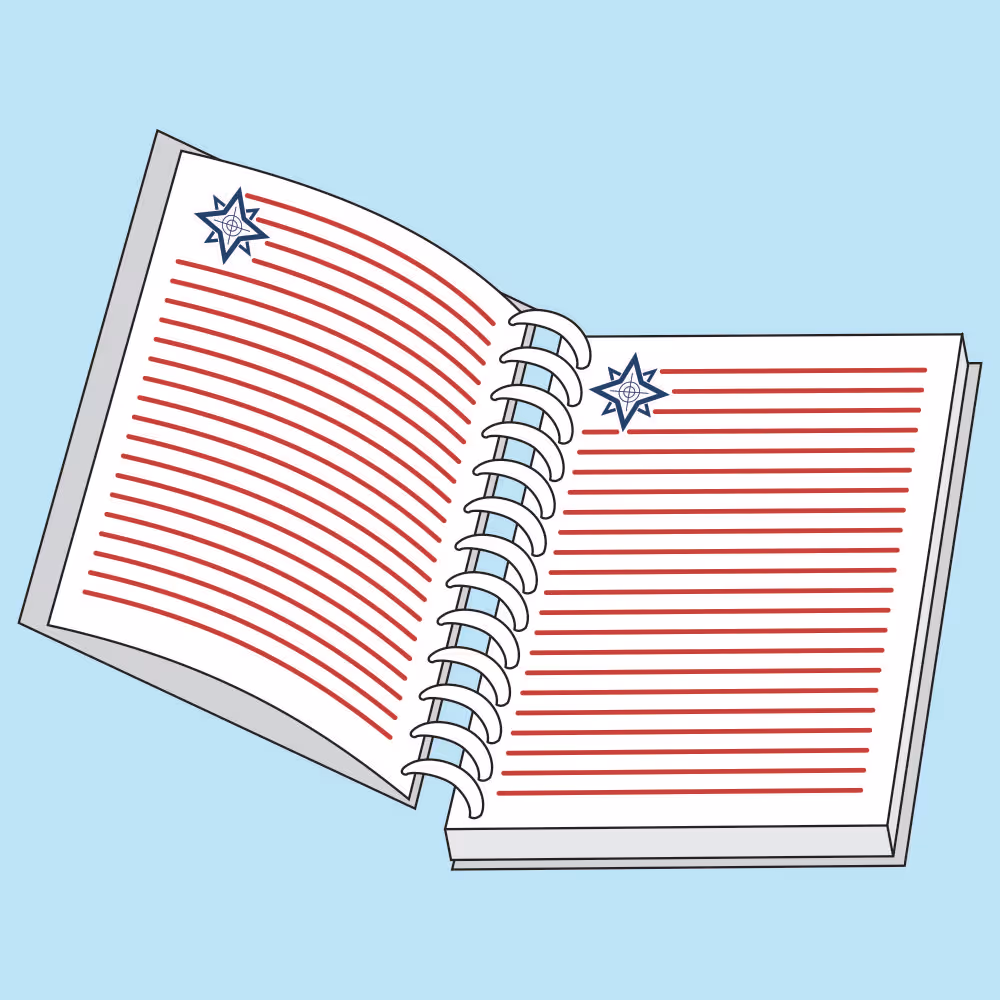 Blue spiral-bound notebook with red edges on a light blue background.