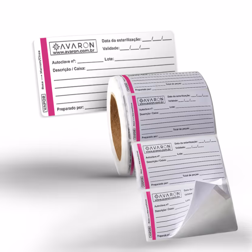 Roll of sterilization labels with fields for autoclave number, lot, description, sterilization date, expiration date, total pieces, and prepared by.