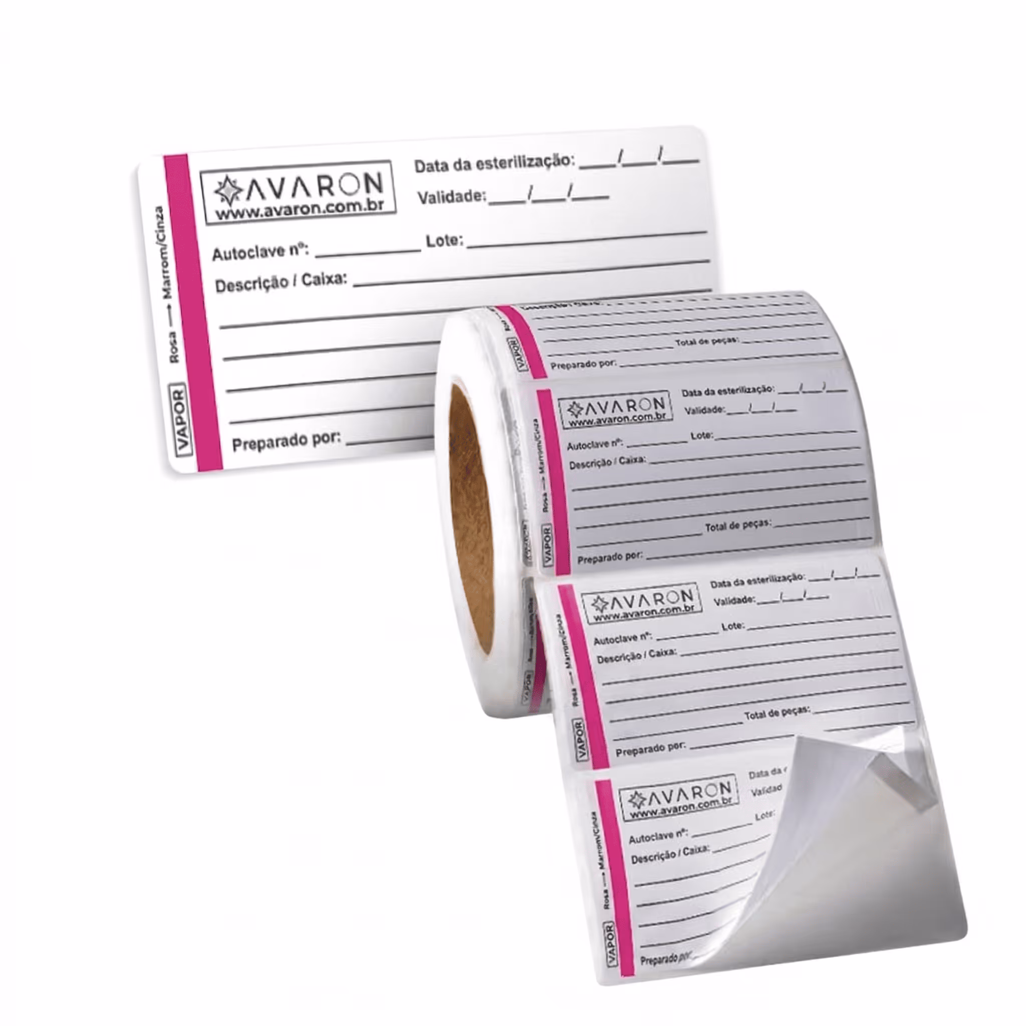 Roll of blank white rectangular adhesive labels on a white background.