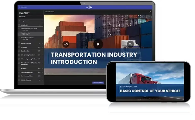 Online transportation industry training course displayed on a laptop and smartphone, featuring video lessons on transportation and vehicle operation.