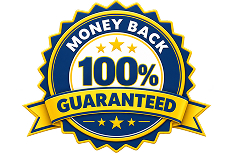 Blue and gold 100% money-back guarantee badge with a ribbon and star detailing.