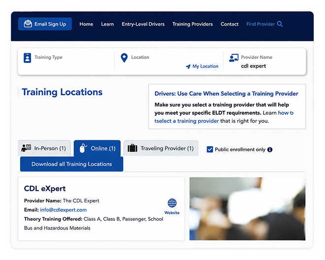 CDL training provider directory webpage showing training location search filters, provider details, online and in-person training options, and a downloadable list of training locations.