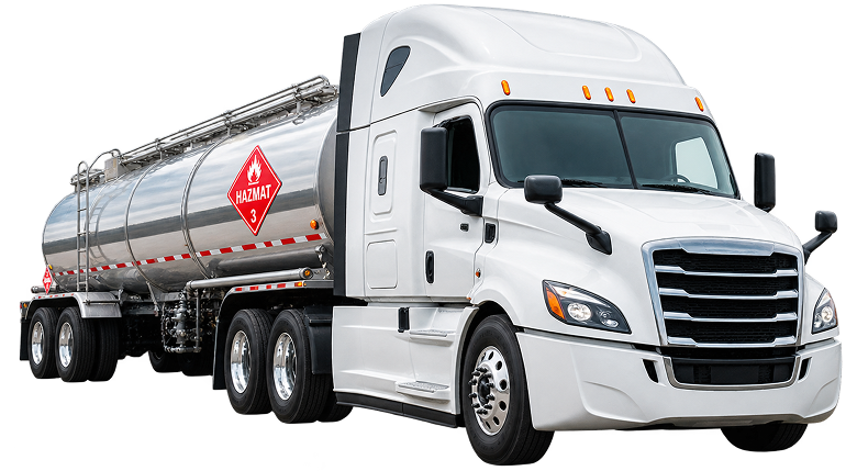 White semi-truck pulling a stainless steel tanker trailer marked with a red hazardous materials warning sign.
